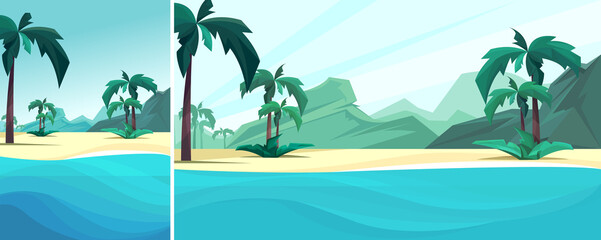 Wall Mural - Ocean coast with palms and mountain. Nature landscape in vertical and horizontal orientation.