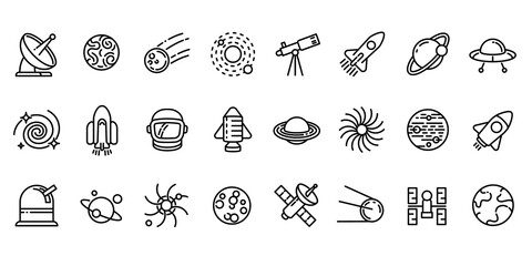 Space research technology icons set. Outline set of space research technology vector icons for web design isolated on white background