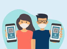 Vaccinated man and woman using digital health passports. Immunization certificate with qr code on device screen