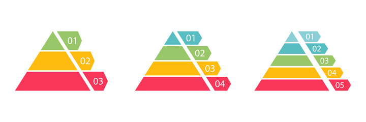 Wall Mural - pyramid infographic colorful set. triangle hierarchy data segments collection. vector business illus