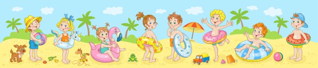 Wall Mural - Group of happy children on the beach. Banner in cartoon style. Vector flat illustration.