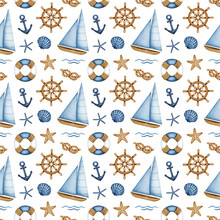 Watercolor Nautical Vessel Equipment, Travel, Marine Seamless Pattern. Sea Life, Ship Navigation. Sailboat, Lifebuoy, Steering Wheel, Anchor, Rope Knot. Hand Drawn Background For Nursery Print, Fabric