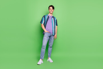 Sticker - Full body photo of charming attractive young man hold hand jeans pocket smile isolated on green color background