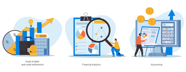 Calculator app and finacial analysis concept. Tiny people calculating and analyzing. Accounting, budget calculation, financial analytics, bookkeeping, audit debit and credit. Flat vector illustration