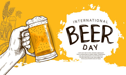 International Beer Day illustration vector design with hand drawn element isolated on orange background can be use for party, celebration and festival