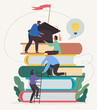 Learning progress and book reading as horizon expansion. Knowledge gain, academic studying, cognitive academic research. Smart people common support. Flat cartoon vector illustration