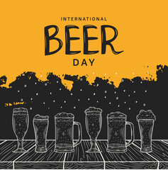 Wall Mural - International Beer Day illustration vector design. Glass, mug of beer isolated on black and orange background can be use for party, celebration and festival