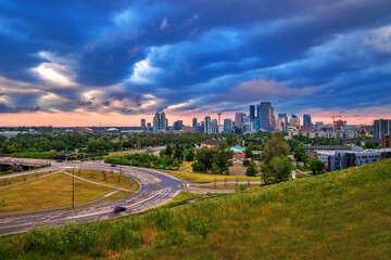 Wall Mural - Panoramic Cloudy Sunrise Over Downtown Calgary