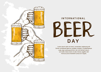 International Beer Day illustration vector design with hand holding mug of beer isolated on white background can be use for party, celebration and festival