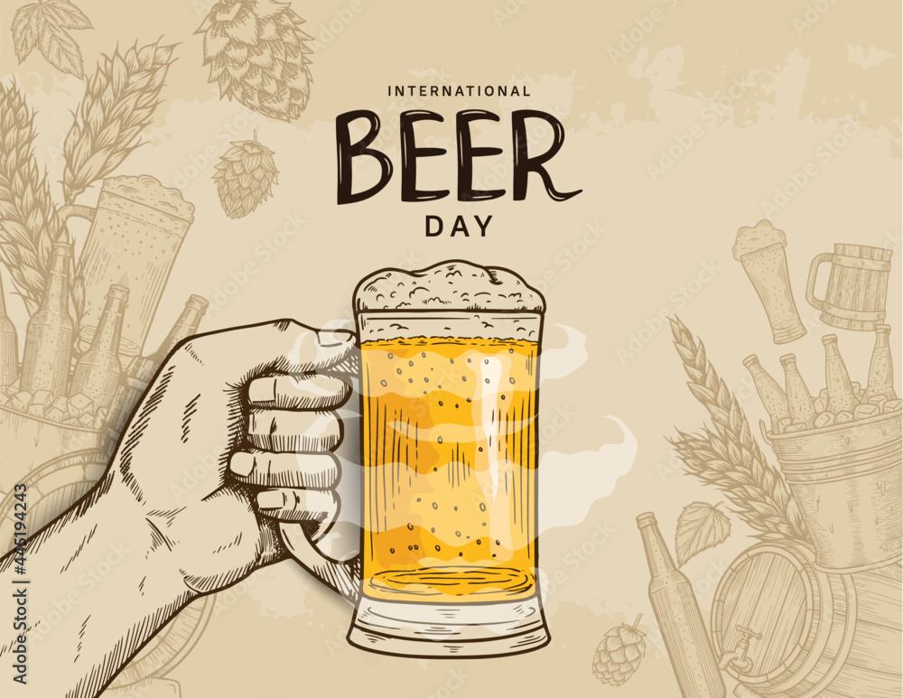 International Beer Day illustration vector design with hand drawn element isolated on soft brown background can be use for party, celebration and festival - obrazy, fototapety, plakaty 