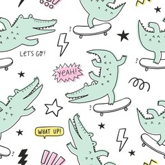 Cute cartoon hand drawn crocodile. Vector seamless pattern with character silhouette alligator. Crocodile on skater in doodle style