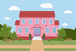 Flat vector illustration of a pink house with trees and benches, on a background of the sky with clouds.