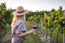 Female Vintner Enjoying Red Wine In Her Vineyard. Woman With Straw Hat Holding Glass Of Wine Outdoors