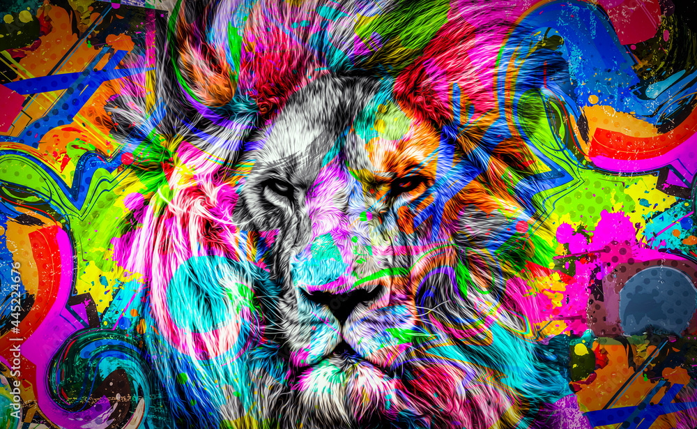 colorful artistic lion muzzle with bright paint splatters on dark background. - obrazy, fototapety, plakaty 