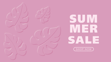 Pink summer banner for seasonal promotional sales with blurred decorative leaves and shadows - Modern summer background concept.