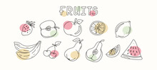 Set Of Abstract Fruits . Icons.  Summer Juicy Fruits Whole And Slices. Doodle Style. Drawings With A Black Outline On Colored Spots. Vector Graphics. Isolated Background.