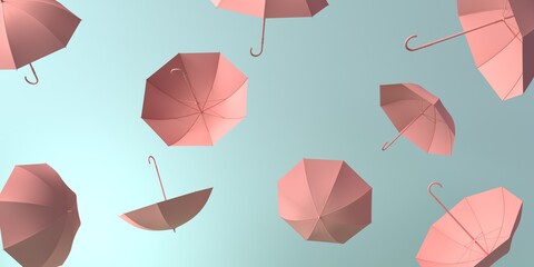 Flying pink umbrellas in the air