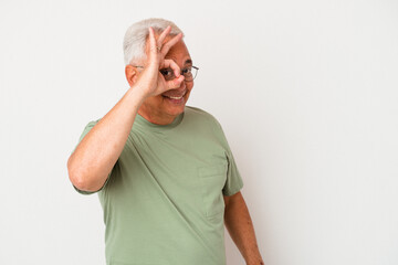 Senior american man isolated on white background excited keeping ok gesture on eye.