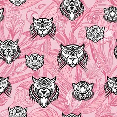 Wall Mural - Vector pattern with wild cats and jungle plants