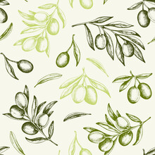 Vintage Pattern With Green Olives And Olive Branch.