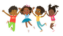 African American Boys And Girls Play Together, Happily Jump And Dance Against The Background. Children Are Having Fun. Colorful Cartoon Characters.. Vector Illustrations.
