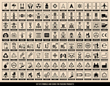 A Set Of Manipulation Symbols For Packaging Cargo Products And Goods. Marking The Box Or Packaging Of Products. Vector Elements.