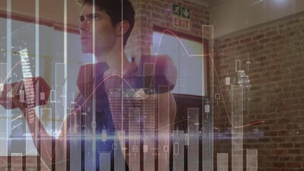 Wall Mural - Animation of data processing and statistics over strong man exercising