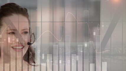 Wall Mural - Animation of financial and statistic data processing over businesswoman wearing phone headset