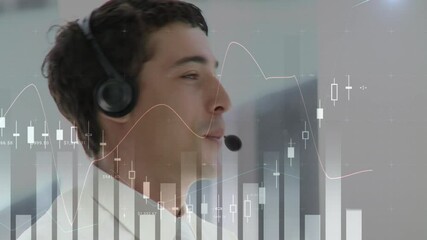 Sticker - Animation of financial and statistic data processing over businessman wearing phone headset