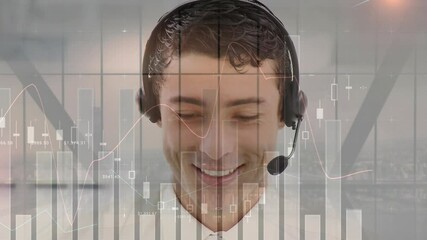 Sticker - Animation of financial and statistic data processing over businessman wearing phone headset