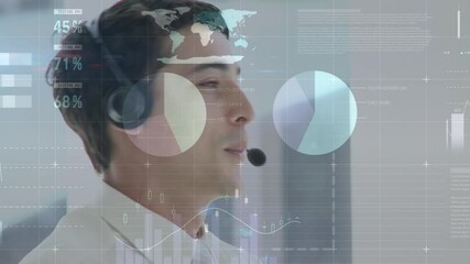 Sticker - Animation of financial and statistic data processing over businessman wearing phone headset