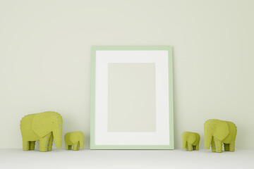 Wall Mural - Blank picture frame mock up with elephant on the green wall. 3d rendering.