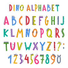 Dino Alphabet With Cute Abc Capital Letters Vector Set