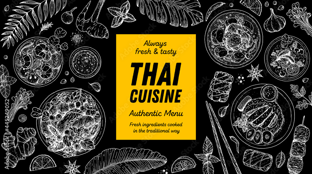 Thai food top view vector illustration. Food menu design template. Hand ...