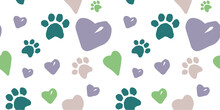 Seamless Doodle Pattern With Dog Footprints, Hearts, Lettering Of The Word Dog, Lettering Of The Word Woof
