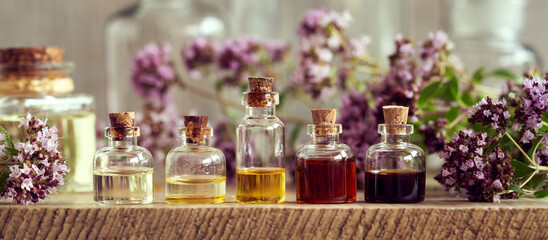 Wall Mural - Panoramic header of essential oil bottles with blooming oregano plant. Aromatherapy or alternative medicine.