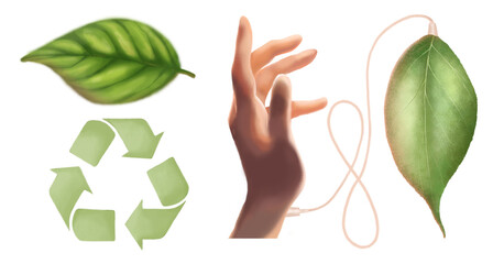 Recycle green sign on a white black background.On a white background is a hand that is charged from a green leaf