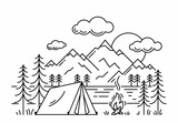 Fototapeta Dinusie - Camping tent in forest at the river outline vector illustration. Black linear campsite isolated on white background. Outdoor recreation in woods and at the river.