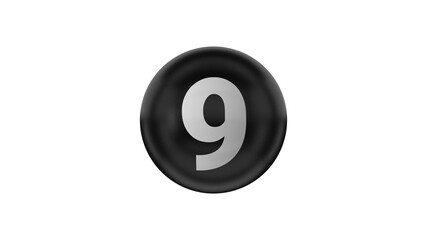 Number 9 on glossy black ball. 3d. 3D rendering. Black ball on the white background