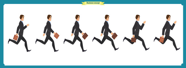 Wall Mural - Collection set of Walking and running businessman. Walk, run, active. Variety of movements. Flat Character man cartoon style, Side view,Vector design isolated vector. Business people