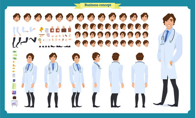 Front, side, back view animated character. Doctor character creation set with various views, face emotions, poses and gestures. Cartoon style, flat vector illustration.Isolated on white.Male doctor