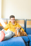 Fototapeta Zwierzęta - Young man smiling, spending time with his dog on the sofa. Pet love concept