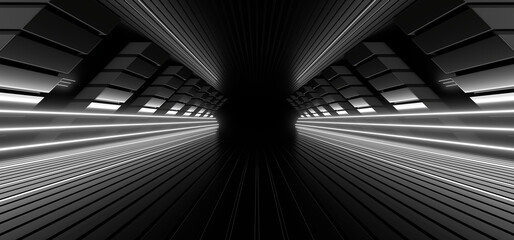 Wall Mural - A dark tunnel lit by white neon lights. Reflections on the floor and walls. 3d rendering image.