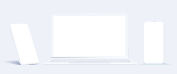 The layout is a template for a mobile phone and a laptop. A white phone in the rotated position with a blank screen for design. Snow-white, lightweight design of  phone and laptop. Vector illustration