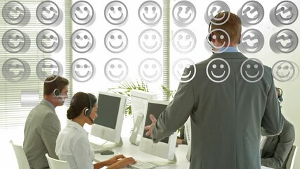 Poster - Animation of emoji icons over business people wearing phone headsets