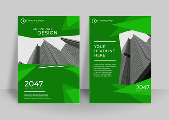 Green flyer design template. Minimal abstract curved wave shape on green gradient color background. A4 size