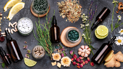 Wall Mural - Alternative medicine variation pills and herbs. Homeopathy medicine concept.