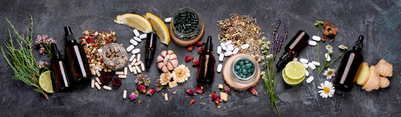 Sticker - Alternative medicine variation pills and herbs. Homeopathy medicine concept.