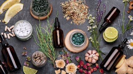 Wall Mural - Alternative medicine variation pills and herbs. Homeopathy medicine concept.