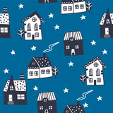 Fototapeta  - Night illustration with houses. Scandinavian style. Seamless vector